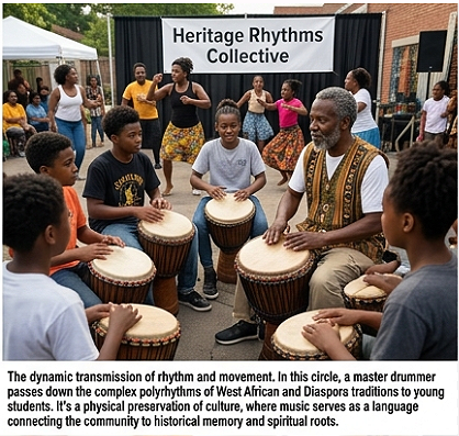 The dynamic transmission of rhythm and movement. In this circle, a master drummer passes down the...